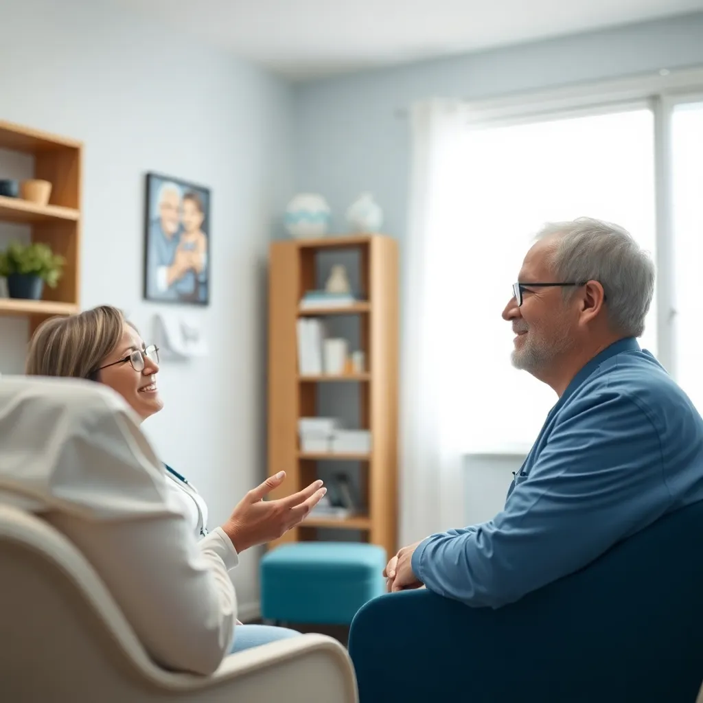 A counselor speaking empathetically with a client in an Oklahoma treatment setting