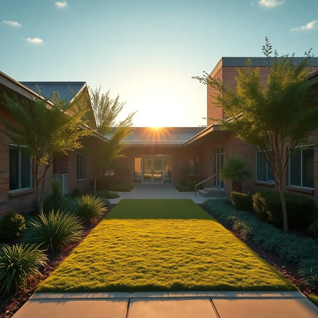 A peaceful treatment facility courtyard in Oklahoma with morning light